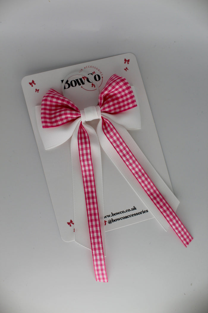 Streamer Tail School Hair Bow - Pink Gingham - Elastic