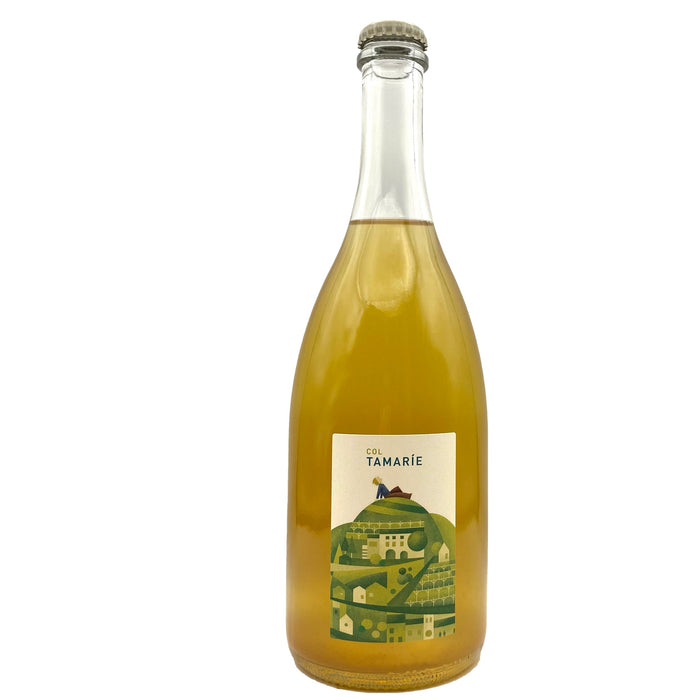 Vigna San Lorenzo Col Tamarie sparkling white wine bottle, amber-gold glass and label