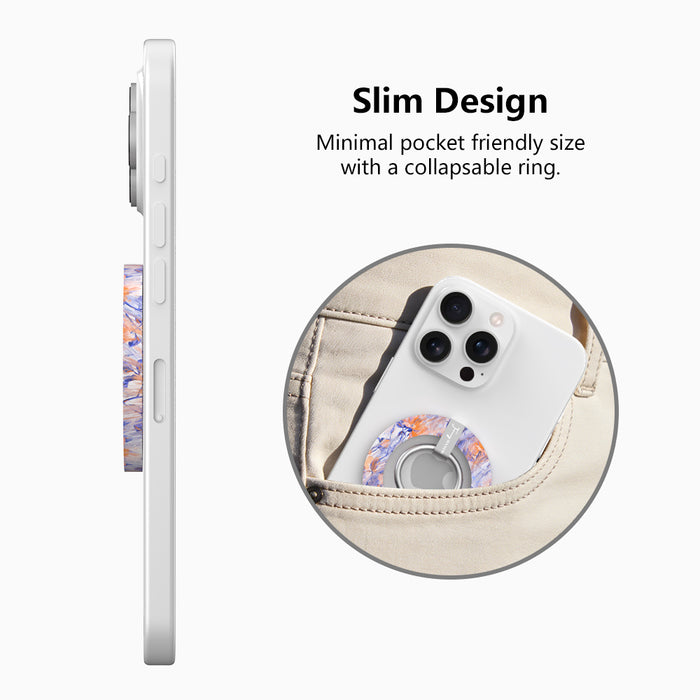 Where Dreams Bloom painterly floral MagSafe phone grip ring with periwinkle purple and orange impressionistic flowers compatible with iPhone and Samsung