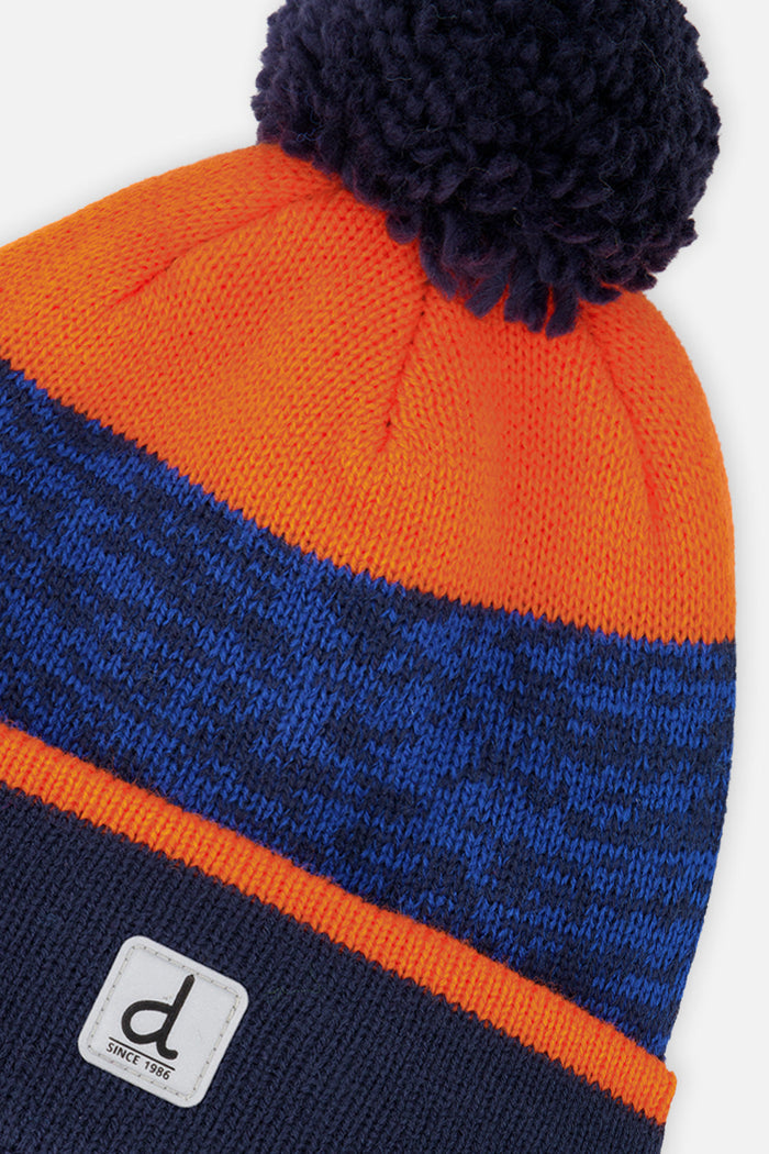 Winter Knit Hat With Pompom Color Block Orange And Blue-3