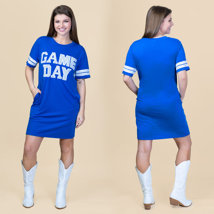 10719 - Game Day Sequin T Shirt Dress with Pockets - Royal Blue