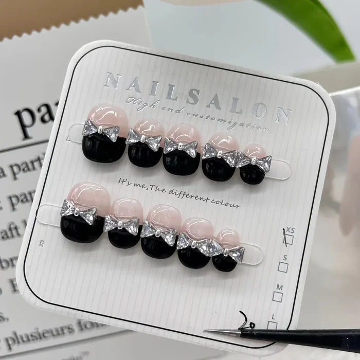 10PCS Handmade Press Nails Black French bow glitter nails, French white nail patch with short bow in black