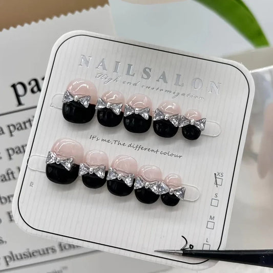 10PCS Handmade Press Nails Black French bow glitter nails, French white nail patch with short bow in black