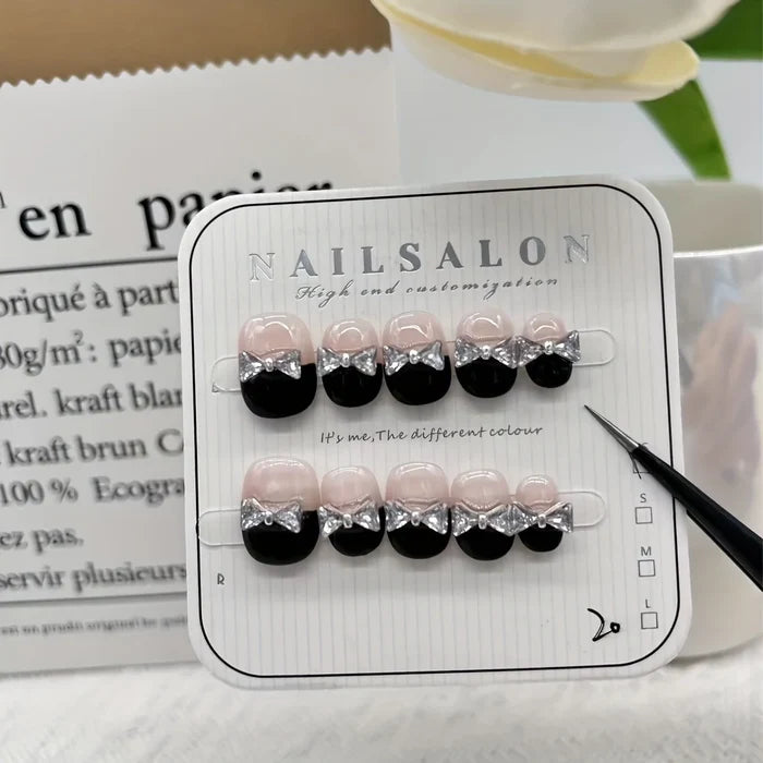 10PCS Handmade Press Nails Black French bow glitter nails, French white nail patch with short bow in black