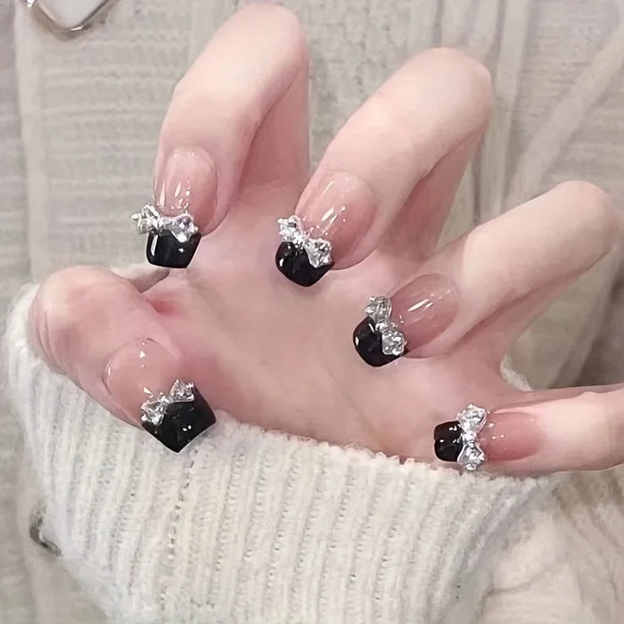 10PCS Handmade Press Nails Black French bow glitter nails, French white nail patch with short bow in black