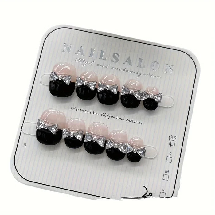10PCS Handmade Press Nails Black French bow glitter nails, French white nail patch with short bow in black