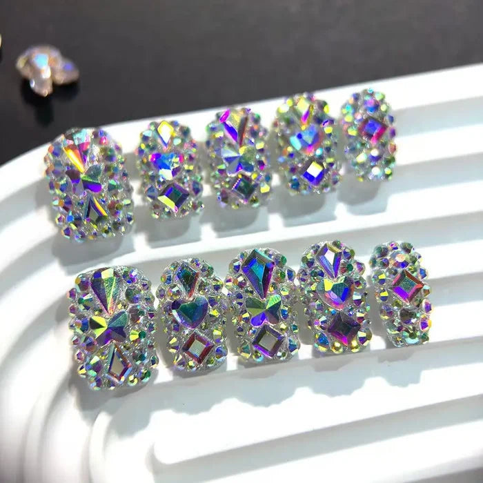 10pcs high-end AB Full of colorful diamonds handmade fake nails, Light luxury short and eye-catching nail art