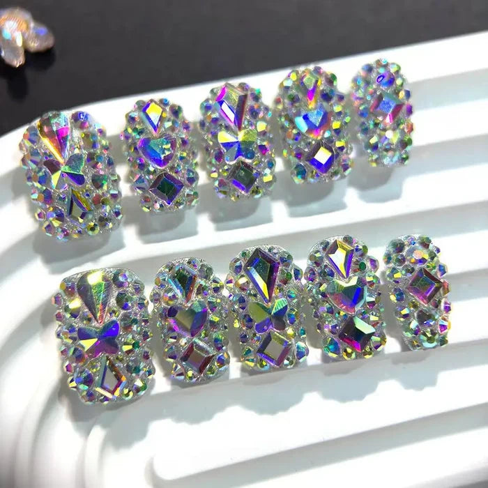 10pcs high-end AB Full of colorful diamonds handmade fake nails, Light luxury short and eye-catching nail art