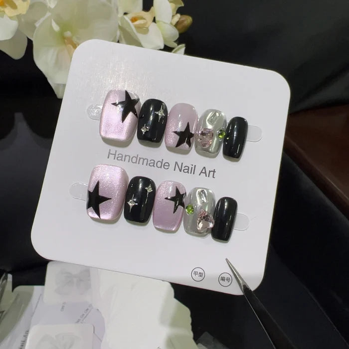 10pcs high-end Cat-eye five-pointed star handmade fake nails, Short nail decoration patches for girls
