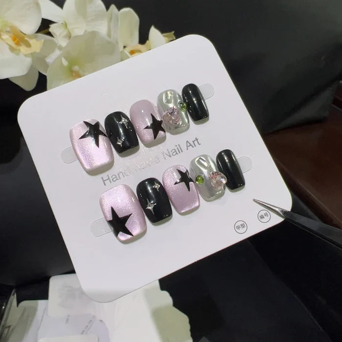 10pcs high-end Cat-eye five-pointed star handmade fake nails, Short nail decoration patches for girls