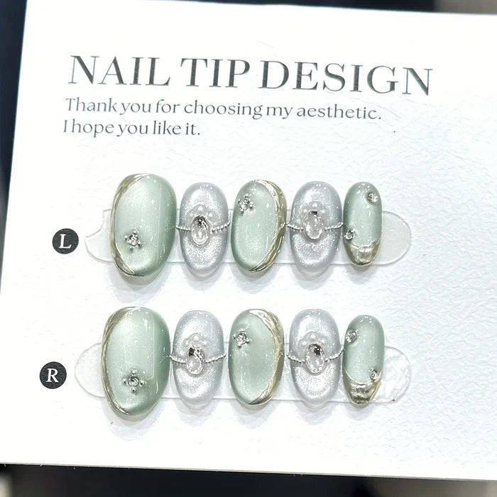 10pcs high-end Short light luxury cat eye handmade fake nails, Short Cat Eye Light Luxury White nail patch