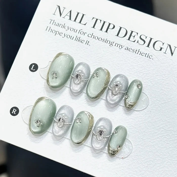 10pcs high-end Short light luxury cat eye handmade fake nails, Short Cat Eye Light Luxury White nail patch