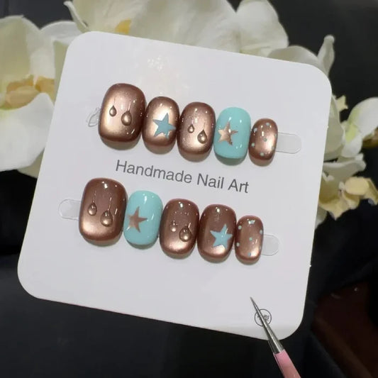 10pcs high-end Small brown water droplets handmade French Tip Nails, Short dark-colored nail art