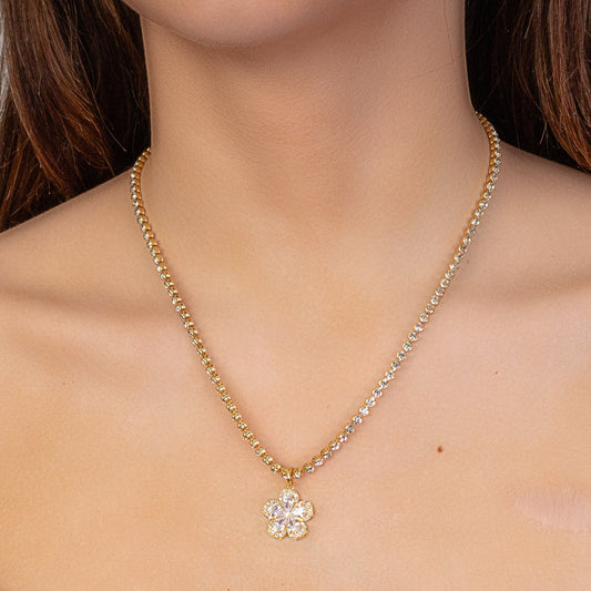 1124 - Crystal Flower Necklace - Gold