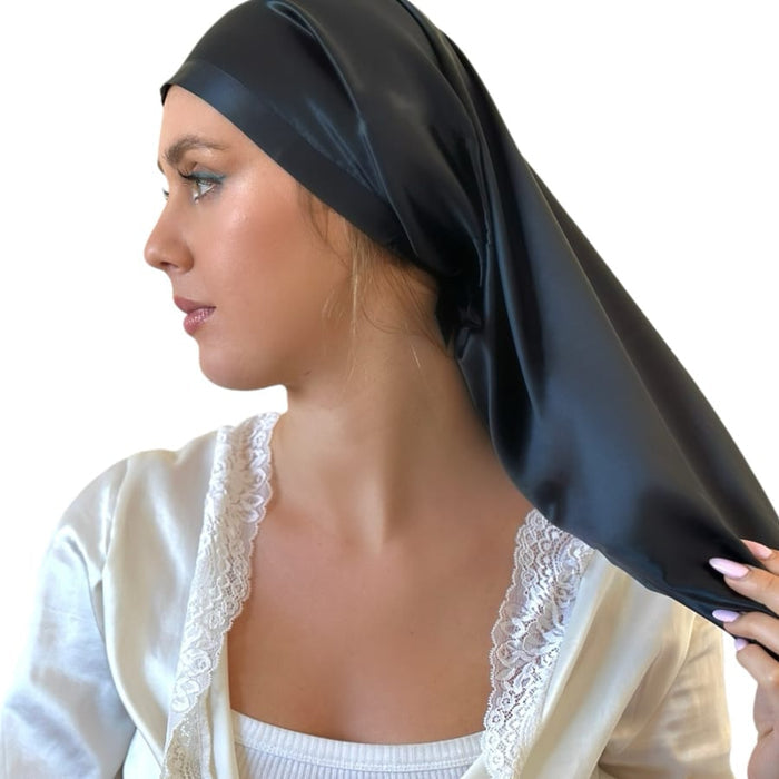 22 Momme Silk Long Bonnet: Noir (Jumbo)