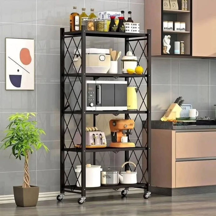 5-Tier Foldable Kitchen Shelf Rack with Wheels – Black Metal