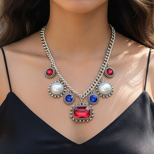 92448 - Crystal Charm Necklace - Red White & Blue