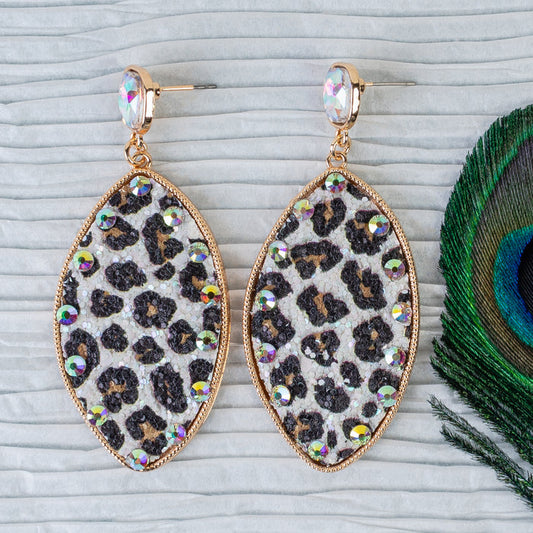 93131 - Glitter Rhinestone Earrings - White Leopard