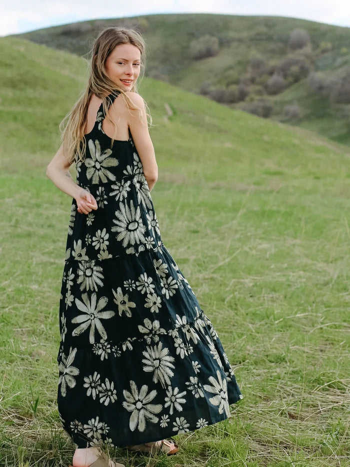 Adele Cotton Midi Dress - Black Cream Daisies-view 2