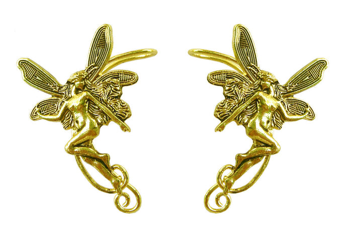 gold fairy elf ear cuff earrings non piercing winged figure ear jewelry front view