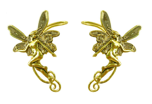 gold fairy elf ear cuff earrings non piercing winged figure ear jewelry front view