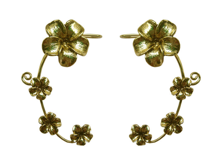 silver plumeria flower elf ear cuff earrings non piercing floral ear wrap jewelry worn on ear close up