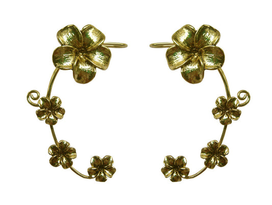 silver plumeria flower elf ear cuff earrings non piercing floral ear wrap jewelry worn on ear close up