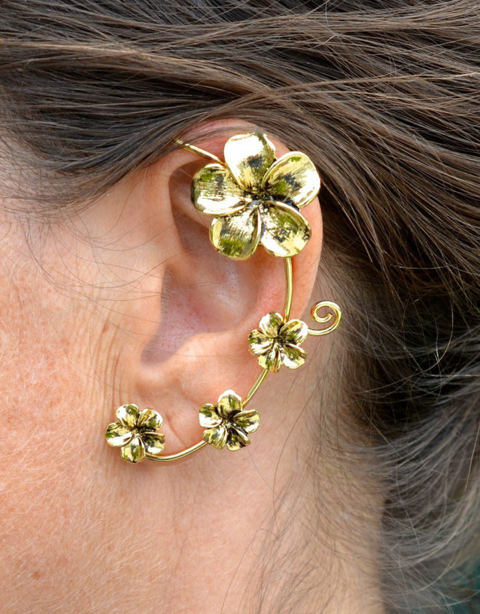 gold plumeria flower elf ear cuff earrings non piercing floral ear wrap side view