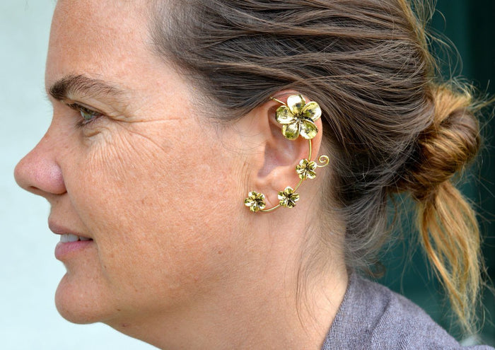 Model wearing Gold Plumeria Elf Cuff Earrings - Fantasy No Piercing Fairy Jewelry