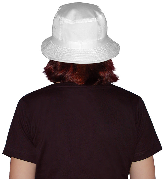 Back view of woman wearing a white bucket hat from behind on a white background.