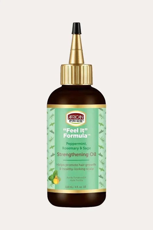 African Pride Feel It Formula Peppermint, Rosemary & Sage Strengthening Oil bottle (front label) – Stimulating Scalp Oil