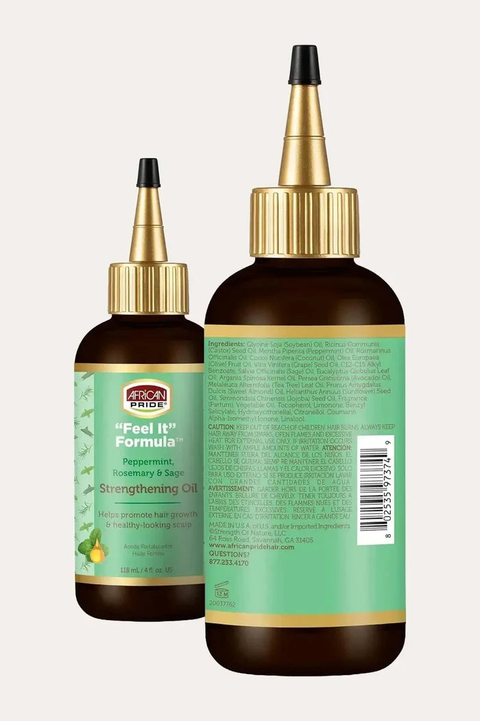 Front and back view of African Pride Feel It Formula Strengthening Oil with ingredient label – Hot Oil Treatment for Dry Scalp