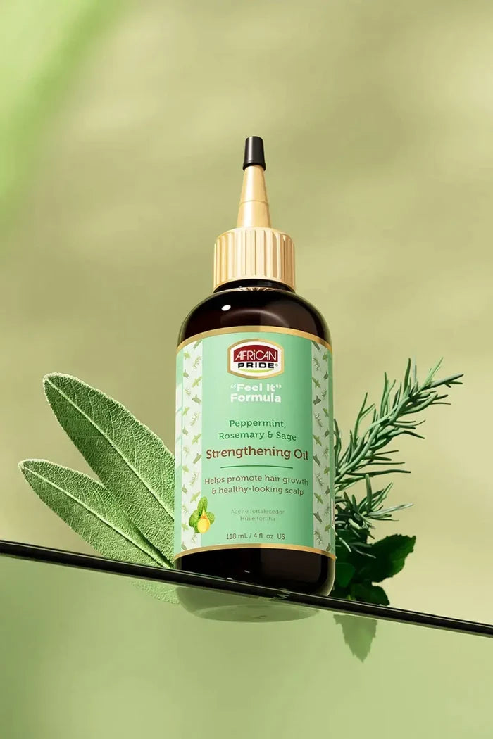 African Pride Feel It Formula Peppermint, Rosemary & Sage Strengthening Oil styled with botanical elements – Stimulating Scalp Oil