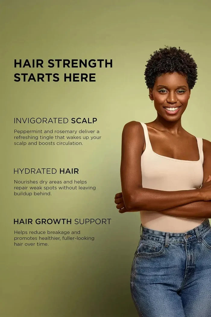 Promotional banner for African Pride Feel It Formula Strengthening Oil with model and product benefits text – Hot Oil Treatment for Dry Scalp