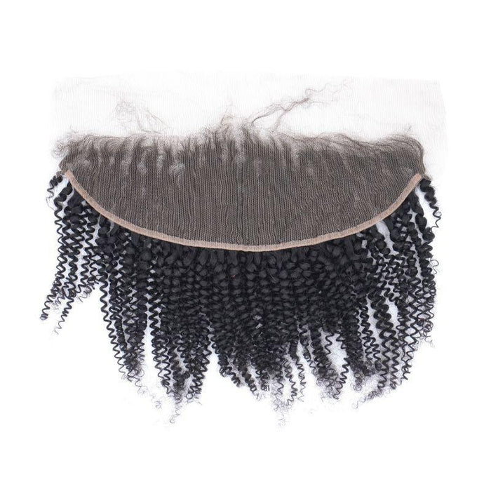 Afro Kinky Lace Frontal Hair: Virgin Brazilian Human Hair Style: Afro Kinky Color: 1B Natural Color Hair Length: 14" Weight: 2.5 oz Weft: 13"*4" Lace Frontal Coloring: Can lift up to #27