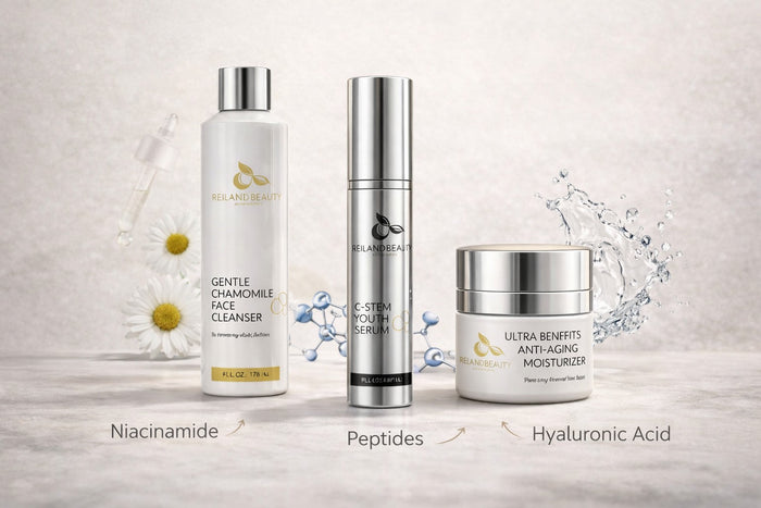 Reiland Advanced Age Reverse System displayed with subtle ingredient callouts highlighting peptides, niacinamide, and hyaluronic acid, shown in a clean, neutral setting to emphasize hydration, skin support, and daily skincare ritual.