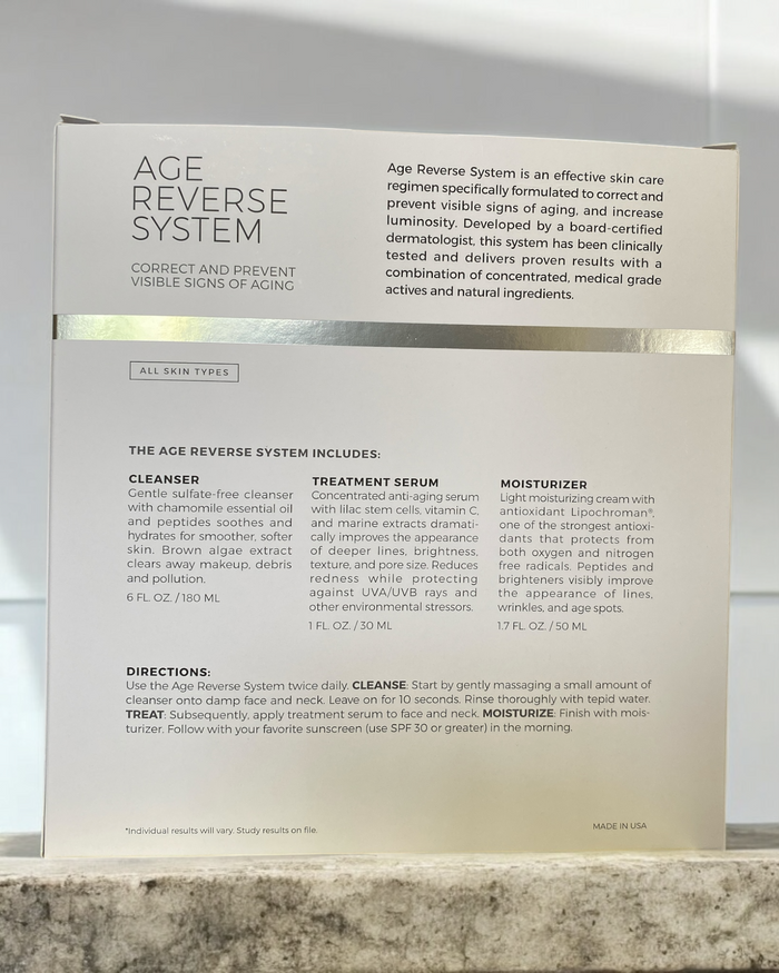 Detailed flat lay of Reiland Age Reverse skincare set packaging showing active ingredients like peptides and antioxidants, designed for firming and wrinkle repair.