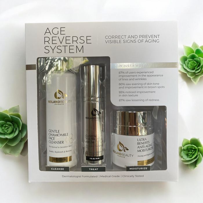Reiland Beauty Age Reverse System photographed with green leaves, representing clean, dermatologist-formulated skincare for anti-aging and skin renewal.