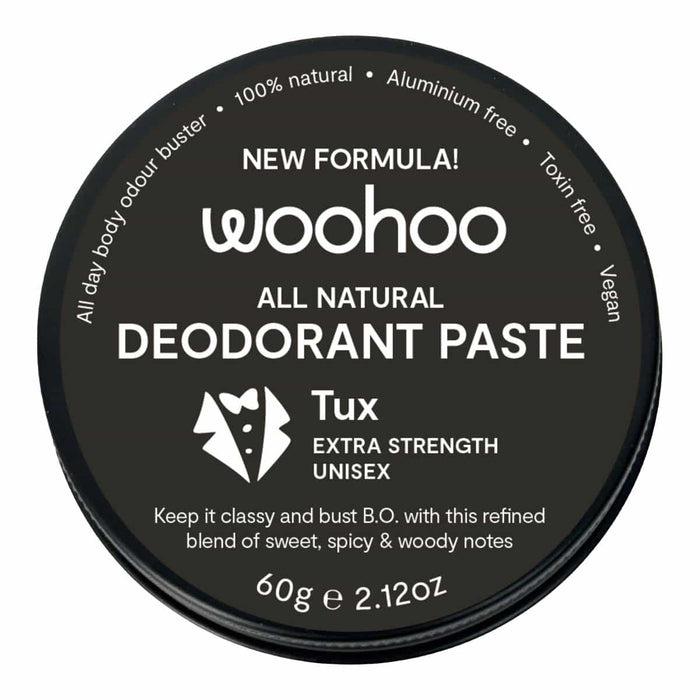 Woohoo All Natural Deodorant Paste - Tux. Refined blend of sweet, spicy & wooden notes.