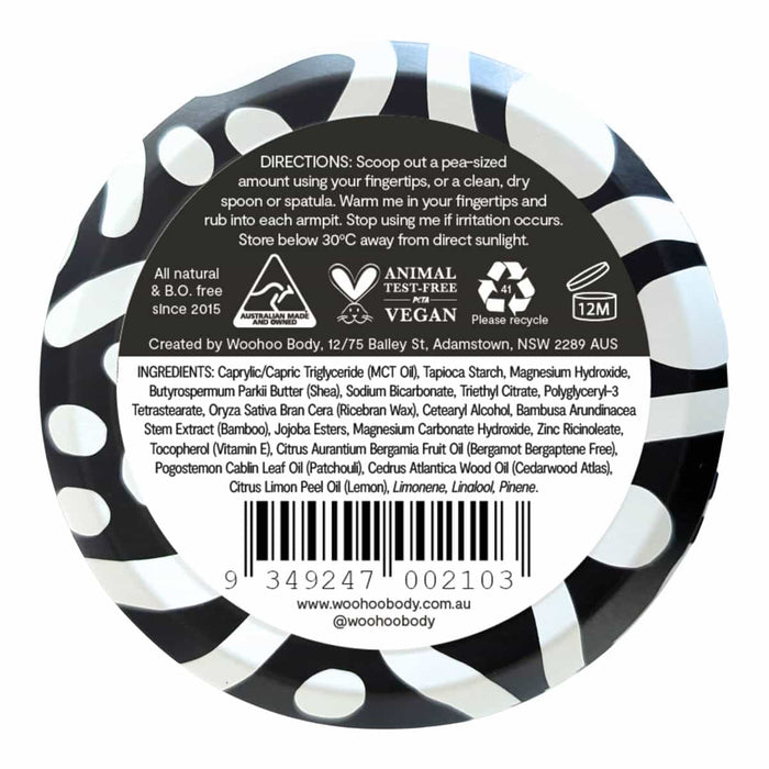 Back of Woohoo All Natural Deodorant Paste - Tux ingredients & usage.