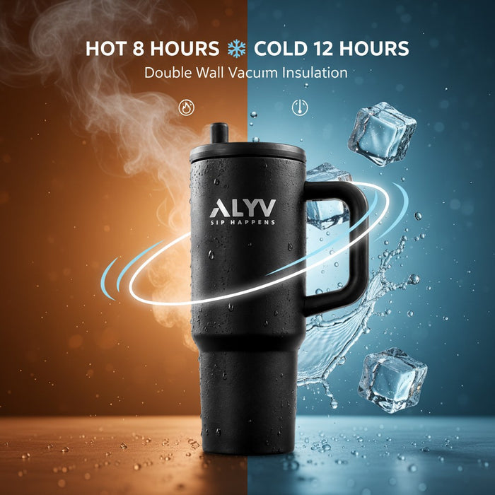 ALVV 700 ML Insulated Travel Tumbler with Handle, Straw & Mouth Closer-Black