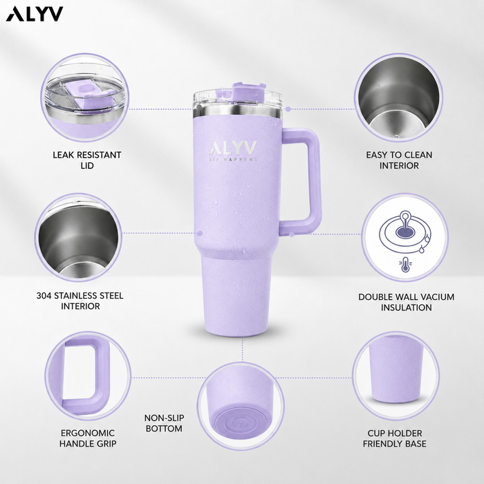 ALYV 1200ml (40oz) Insulated Tumbler with Handle & Straw - Lavender