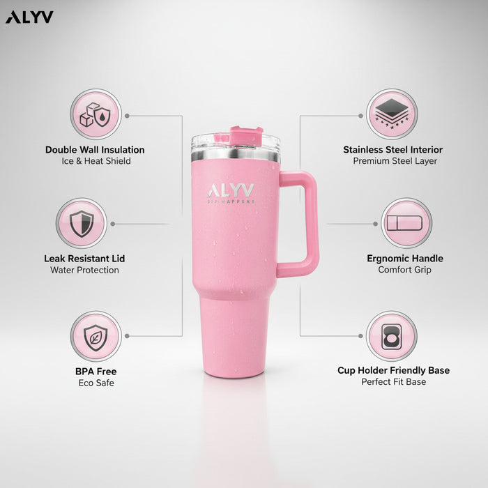 ALYV 1200ml (40oz) Insulated Tumbler with Handle & Straw  - Pink
