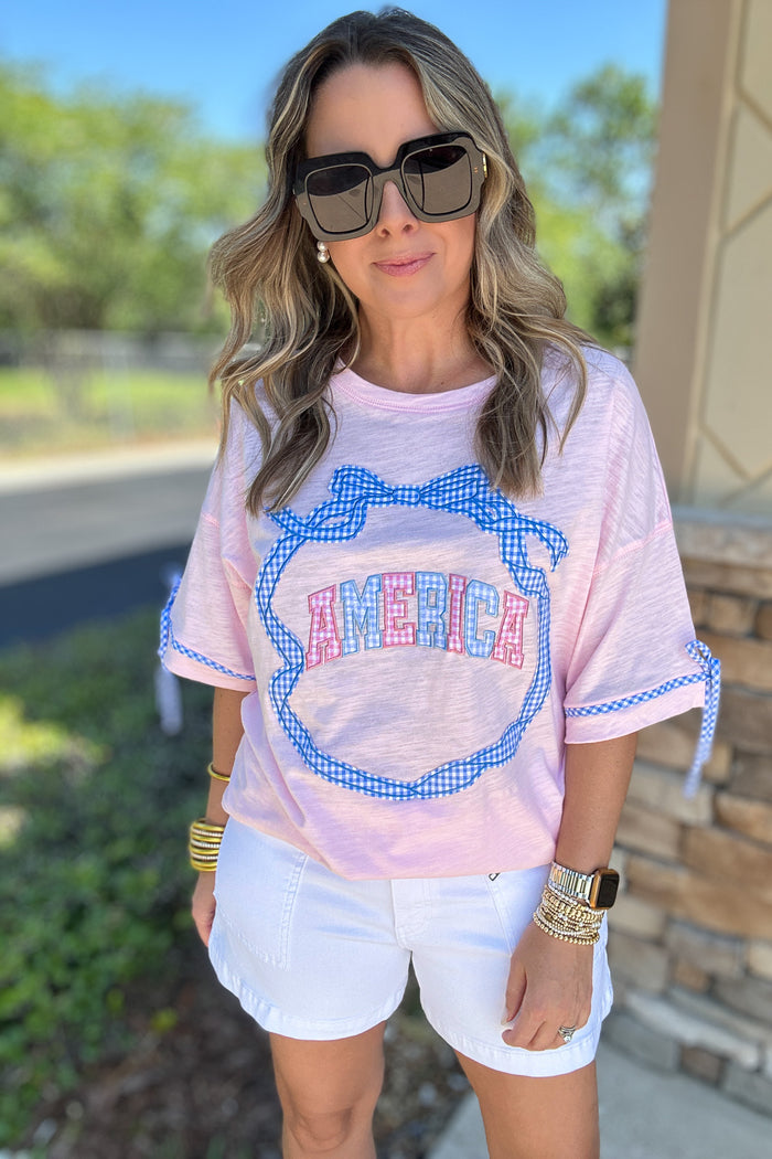 America Gingham Bow Oversized Tee - Pink - B Social Boutique