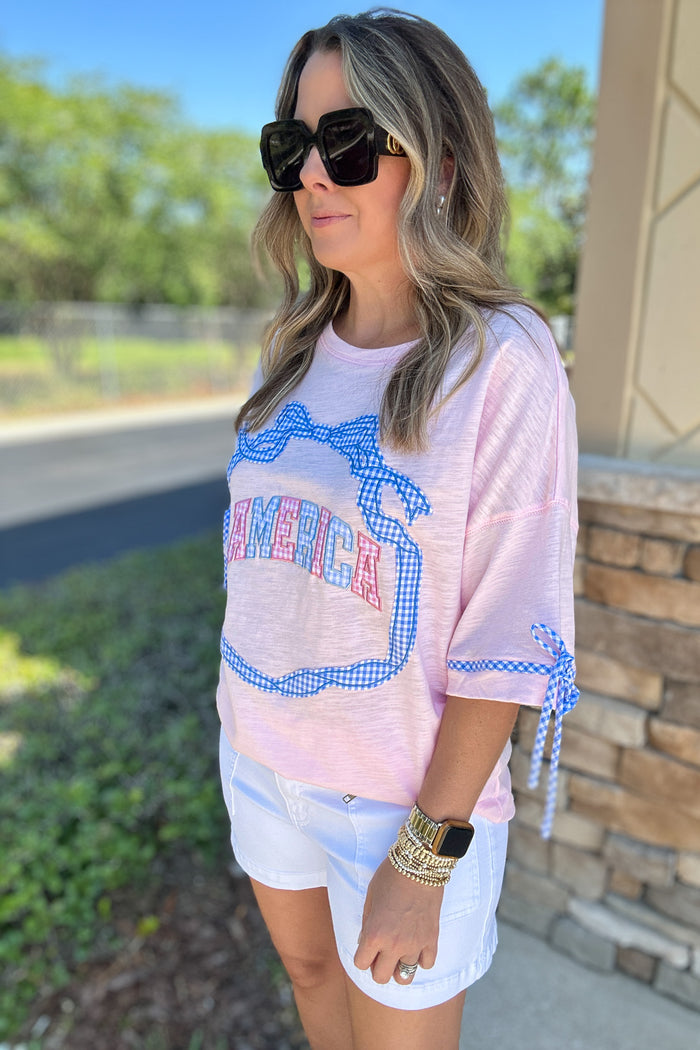 America Gingham Bow Oversized Tee - Pink - B Social Boutique
