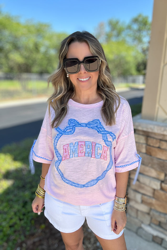 America Gingham Bow Oversized Tee - Pink - B Social Boutique
