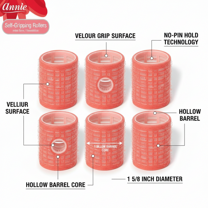 Annie Self-Gripping Hair Rollers 1 5/8 Inch, 6 Count, Pink