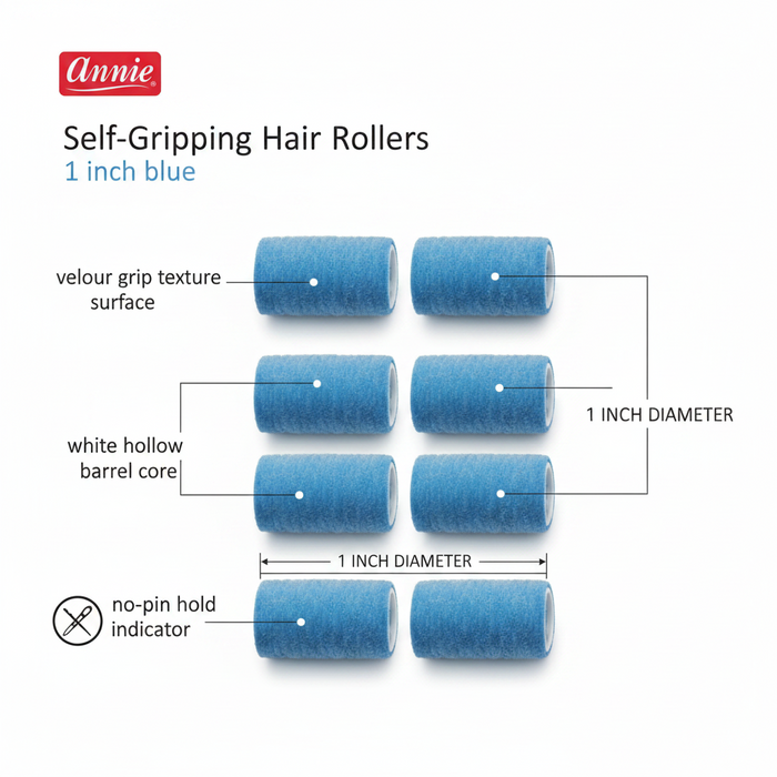 Annie Self-Gripping Hair Rollers 1 Inch, 6 Count, Blue