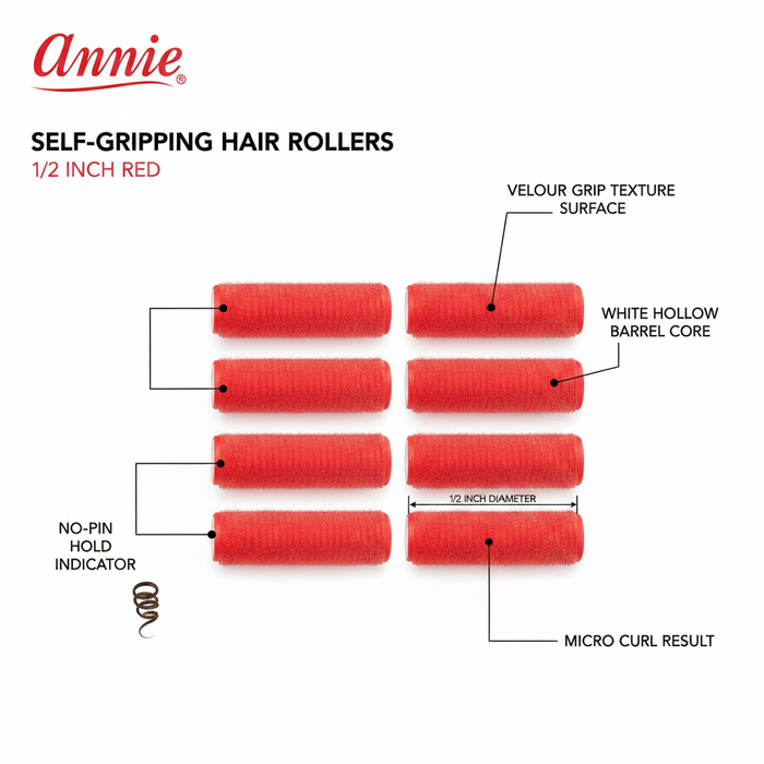 Annie Self-Gripping Hair Rollers 1/2 Inch, 6 Count, Red