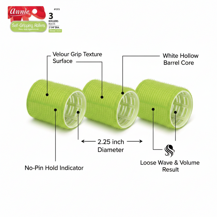 Annie Self-Gripping Hair Rollers 2 1/4 Inch, 3 Count, Green